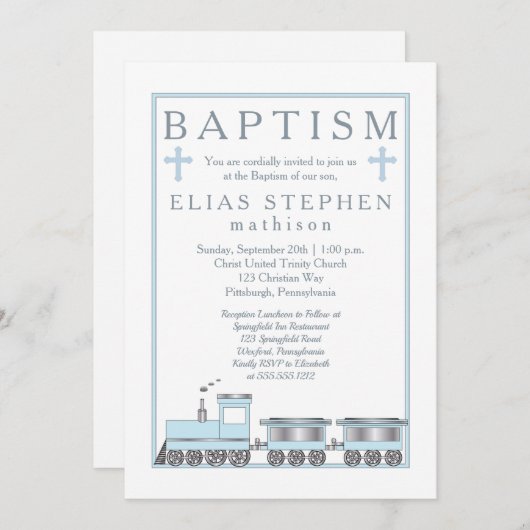 ベイビーブルー汽車の男の子洗礼 招待状 (正面/裏面)