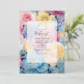 ベイビーブルー、バタークリームイエロー、パステルピンクのウェディング 招待状 (スタンド正面)