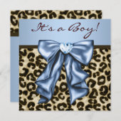 ベイビーブルー ブラウン レオパード ベイビーボーイ シャワー 招待状 (正面/裏面)