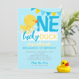 ベイビーブルー ワン ラッキー ダック 水彩 1歳 誕生日 招待状
