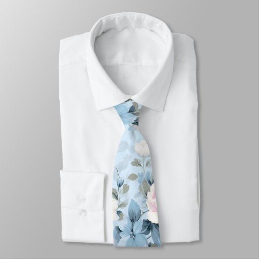 ベイビーブルー 見事な ヴィンテージ 水彩 フラワー プリント ネクタイ (タイ)