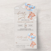 ベイビーベアー、ブルーバルーン、ファーストバースデー オールインワン招待状 (内側)