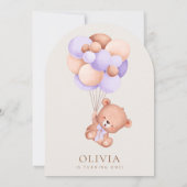 ベイビーベア、パープルの風船、ファーストバースデー 招待状 (裏面)