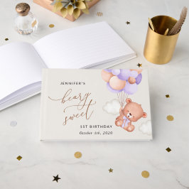 ベイビーベア、パープルバルーン、ファーストバースデー ゲストブック