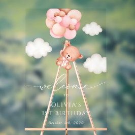 ベイビーベア、ピンクの風船、ファーストバースデーウェルカム アクリルサイン