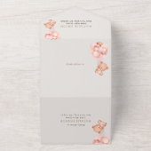 ベイビーベア、ピンクの風船、ファーストバースデー オールインワン招待状 (外側)