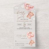 ベイビーベア、ピンクの風船、ファーストバースデー オールインワン招待状 (内側)