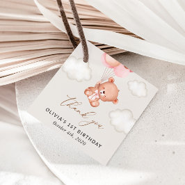 ベイビーベア、ピンクの風船、ファーストバースデー フェイバータグ