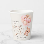 ベイビーベア、ピンクの風船、ファーストバースデー 紙コップ (正面)