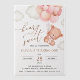 ベイビーベア、ピンクの風船、初めての誕生日 ベラム紙招待状