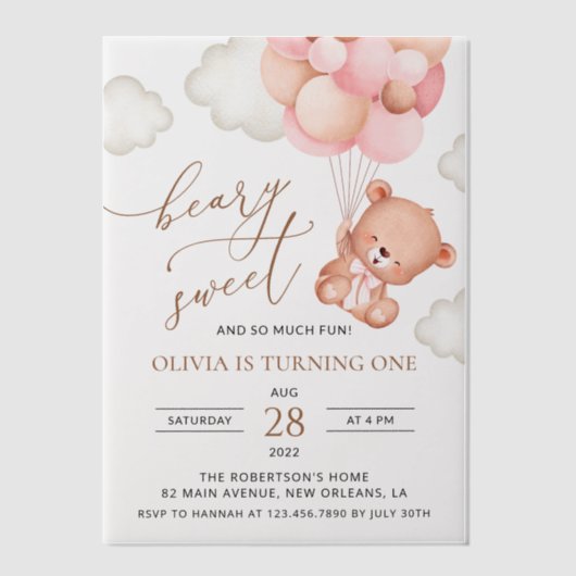ベイビーベア、ピンクの風船、初めての誕生日 ベラム紙招待状 (正面)