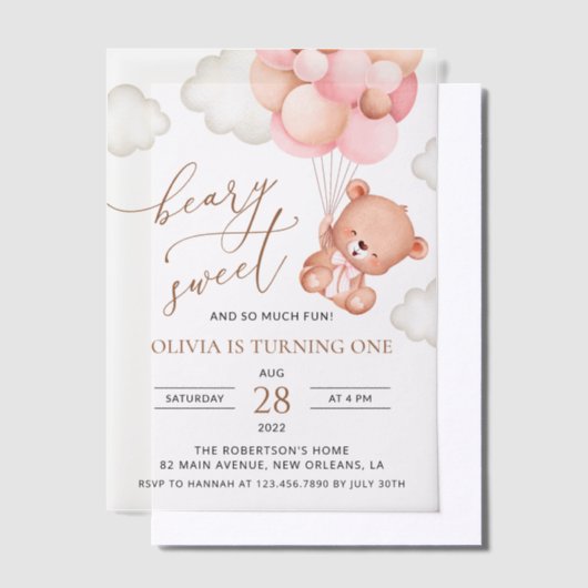 ベイビーベア、ピンクの風船、初めての誕生日 ベラム紙招待状 (オフセット)