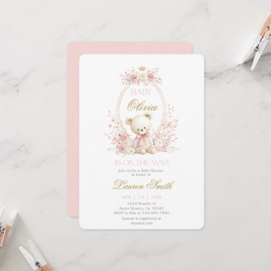 ベイビーベア ベイビーシャワー ガール 招待状 (正面/裏面インサイチュ)