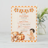 ベイビーボーイ オータム プラッド テディベア パンプキン リーフ 招待状 (スタンド正面)