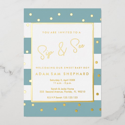 ベイビーボーイ シップアンドシ― インビテーション - エレガントなシャワー 箔招待状 (正面)