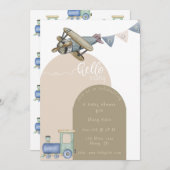 ベイビーボーイ トレインと飛行機のベビーシャワー 招待状 (正面/裏面)