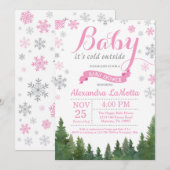 『ベイビー・イッツ・コールド・アウトサイド』ウィンター ピンク ガール ベイビー シャワー 招待状 (正面/裏面)