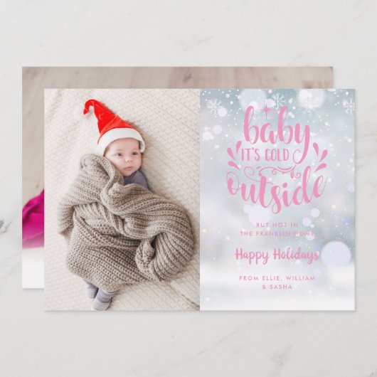 『ベイビー イッツ コールド アウトサイド』ピンク ガール ホリデー 誕生 案内状 (正面/裏面)