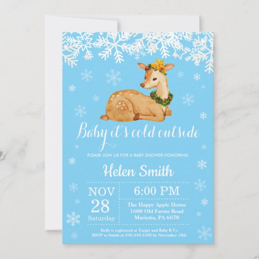 ベイビー・イッツ・コールド・アウトサイド　冬の森の赤ちゃん鹿の男の子のベビーシャワー 招待状 (正面)