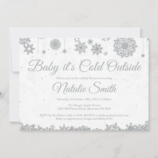 『ベイビー・イッツ・コールド・アウトサイド』冬の雪の結晶ベイビーシャワー 招待状 (正面)