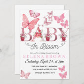 ベイビー イン ブルーム - エレガントな蝶のベビーシャワーカード 招待状 (正面/裏面)