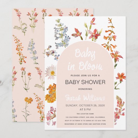 ベイビー・イン・ブルーム ピンクのアーチの女の子のシャワー 招待状 (正面/裏面)