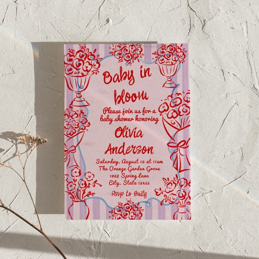 ベイビー・イン・ブルーム ピンクの手描き花のベイビーシャワー 招待状
