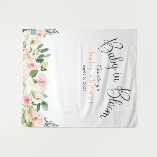 ベイビー・イン・ブルーム ピンクの花のベビーシャワータペストリー タペストリー (正面(横))