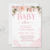 ベイビー・イン・ブルーム ピンクの花の女の子のベビーシャワー 招待状 (正面)