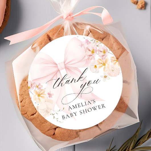 ベイビー イン ブルーム ピンク リボン ベイビー シャワー スティッカー ラウンドシール