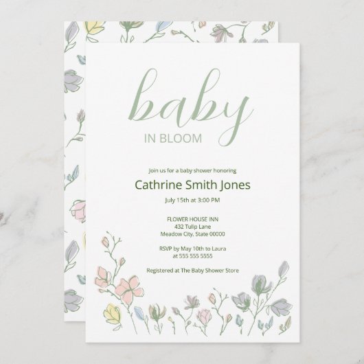 ベイビー・イン・ブルーム ベイビーシャワー 男女兼用 招待状 (正面/裏面)