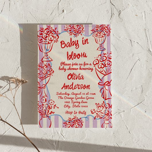 ベイビー・イン・ブルーム 手描きの花 レトロ ベビーシャワー 招待状