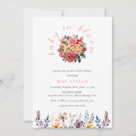 ベイビー・イン・ブルーム 水彩野花ベイビーシャワー 招待状 (正面)