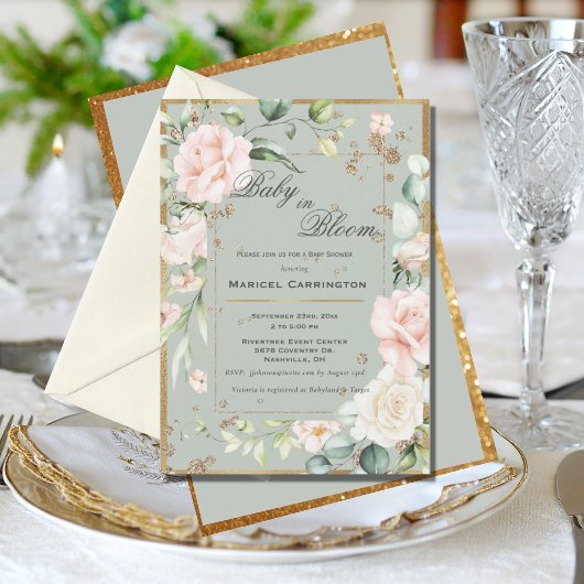 ベイビー・イン・ブルーム 緑の花 エレガントなベビーシャワー 招待状