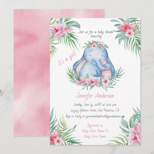 ベイビー エレファント トロピカル フラワーのベイビー ガール シャワー 招待状 (正面/裏面)
