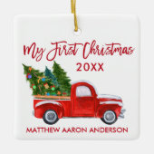 ベイビー マイ ファースト クリスマス ヴィンテージ トラック レッド セラミックオーナメント (正面)