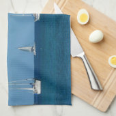 ベイホワイトとブルーの帆船航海の キッチンタオル (四つ折り)