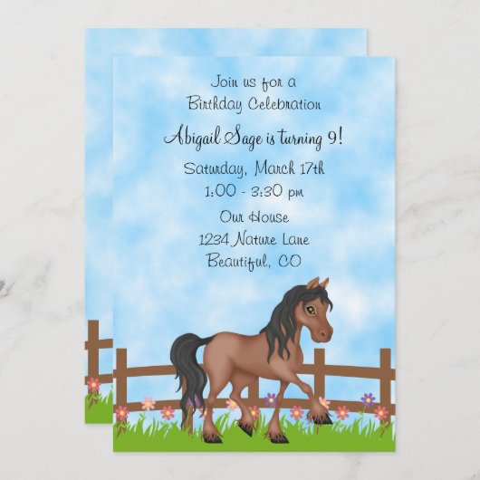 ベイホースかわいらしアンドフラワーズ誕生日招待状 招待状 (正面/裏面)