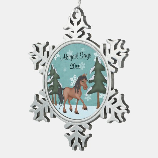 ベイホースパーソナライズされたウィンターウッドランドホリデー スノーフレークピューターオーナメント (右)
