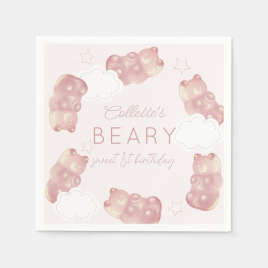 ベイリースイートピンクグミベアーガール誕生日 スタンダードカクテルナプキン (正面)