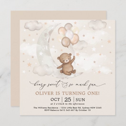 ベイリースイートムーン&スターズテディベア1st誕生日 招待状 (正面/裏面)