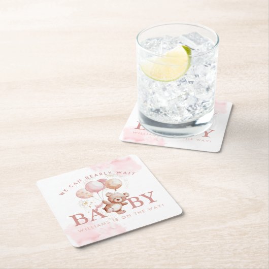 ベイリーピンクbearly待ちテディベア赤ちゃんシャワー スクエアペーパーコースター (インサイチュ)