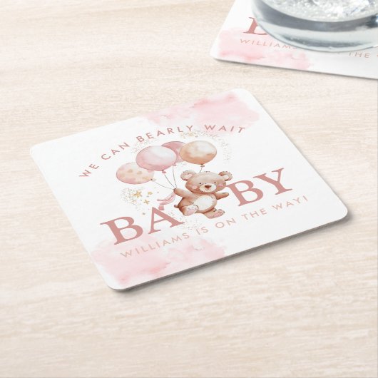 ベイリーピンクbearly待ちテディベア赤ちゃんシャワー スクエアペーパーコースター (アングル)