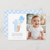 ベイリーファーストテディベアボーイバースデーパーティーゲスト サンキューカード (正面/裏面)