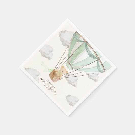 ベイリーファースト誕生日テディベアホットエアバルーン スタンダードカクテルナプキン (角)