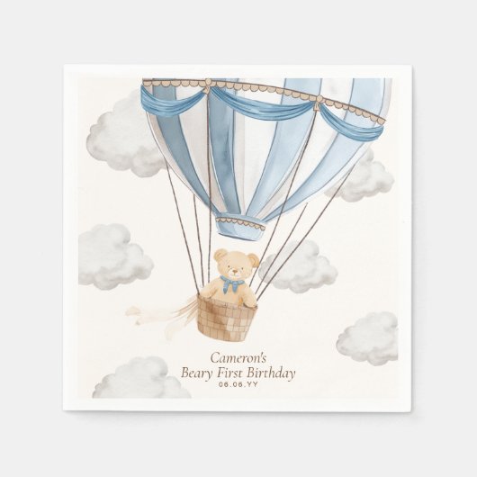 ベイリーファースト誕生日テディベアホットエアバルーン スタンダードカクテルナプキン (正面)