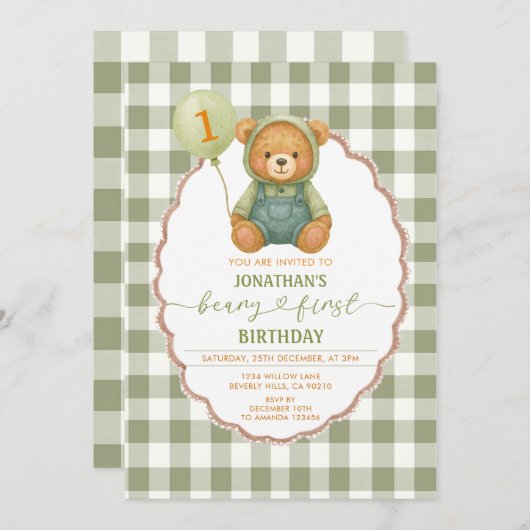 ベイリーファースト誕生日パンプキンサージグリーンギンガム 招待状 (正面/裏面)