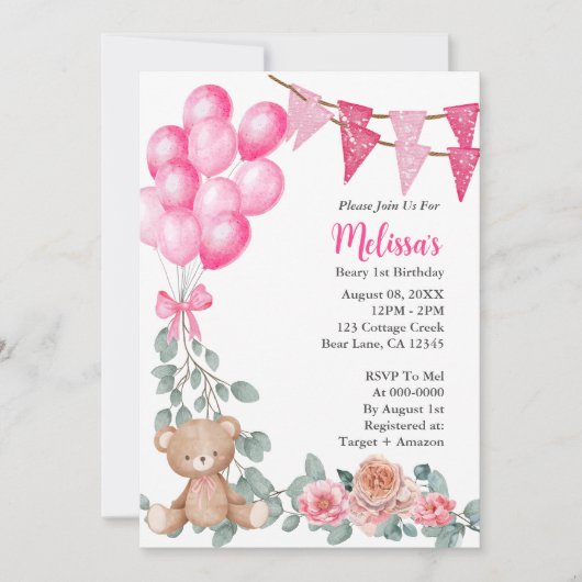 ベイリーファースト誕生日ピンクバルーン招待状 招待状 (正面)