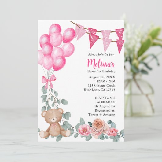 ベイリーファースト誕生日ピンクバルーン招待状 招待状 (スタンド正面)