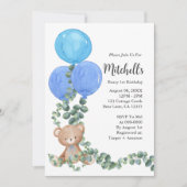 ベイリーファースト誕生日ブルーバルーン招待状 招待状 (正面)